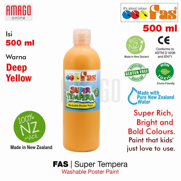 FAS - SUPER TEMPERA WASHABLE POSTER PAINT - 500 ml - DEEP YELLOW - 009