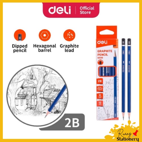 

DELI Pensil Kayu 2B Graphite Pencil U599 1 Kotak isi 12 Pcs harga Per 1 Pcs