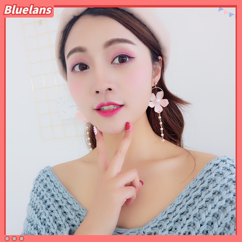Bluelans Fashion Women Chiffon Flower Faux Pearl Circle Long Dangle Stud Earrings Jewelry