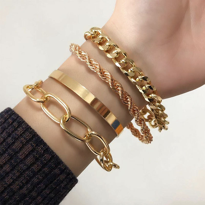 4pcs/set Korean Fashion Thick Chain Geometric Gold Bracelets Personality Exaggerated Bracelet Jewelry Accessories