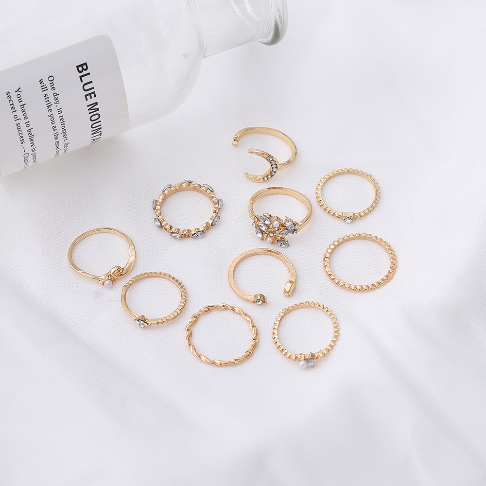 【COD Tangding】10pcs/set Star and Moon Ring Set with Diamond and Pearl Bohemian Ring Set with Jewelry Fashion