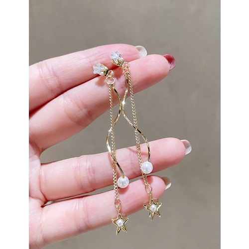 LRC Anting Tusuk Fashion Golden Tassel Star Stud V52451