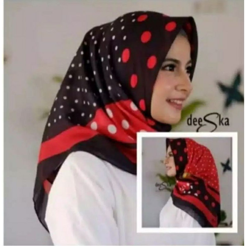 hijab segi empat motif polkadot merah hitam deenay kw.SYAQILAOLLSHOP