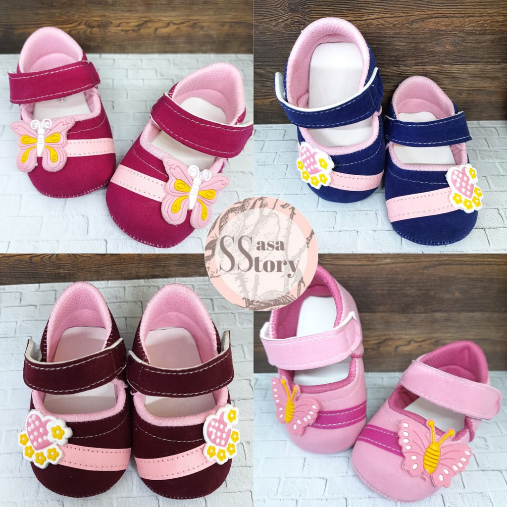 SEPATU PREWALKER BABY BAYI PEREMPUAN 0-12 BULAN BAHAN BLUDRU LOVE BUNGA GP04