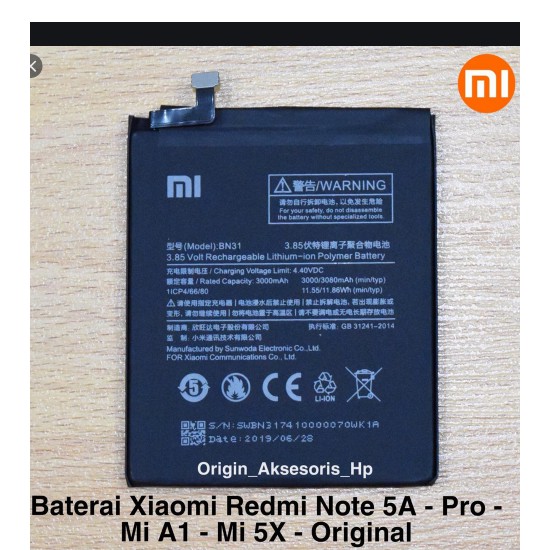 Baterai ORIGINAL Xiaomi BN31 Redmi note 5A ,mi5X / Mi A1 Original