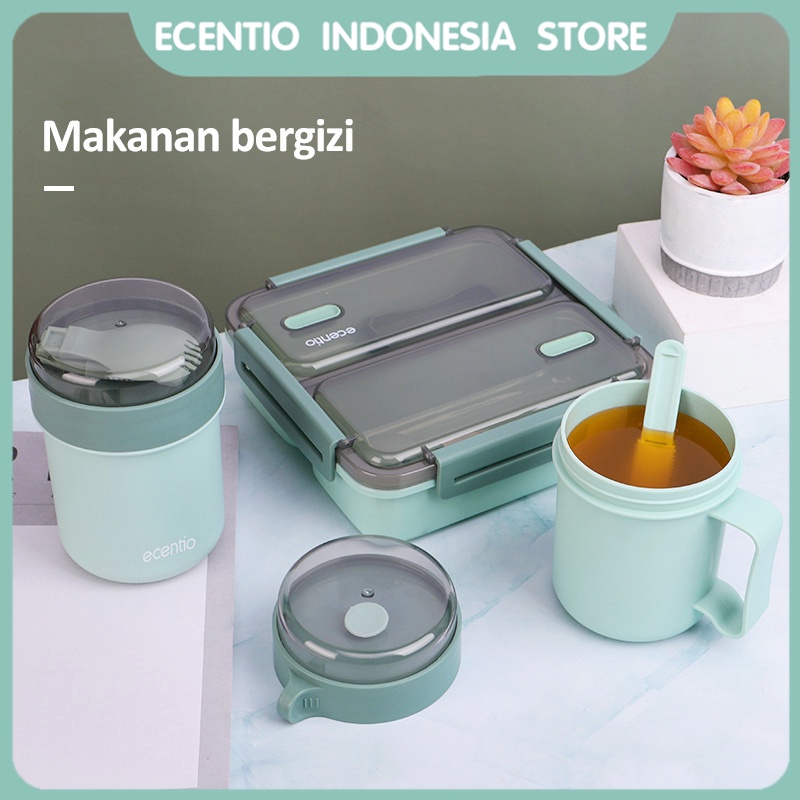 ecentio Tempat Makan Lunch Box Set/1100ml Anti Percikan Kotak Makan&amp;Mangkok Sup With Free Sendok&amp;sumpit