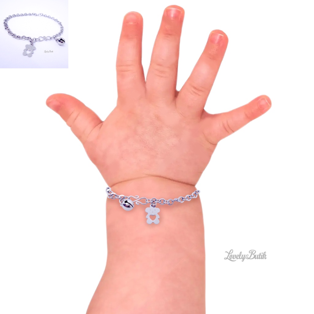 Lovelybutik Gelang Tangan Gelang Kaki Bayi Monel Kerincing Baby 0-2 Tahun Bear Kecil Krincingan Baja Putih Stainless Steel