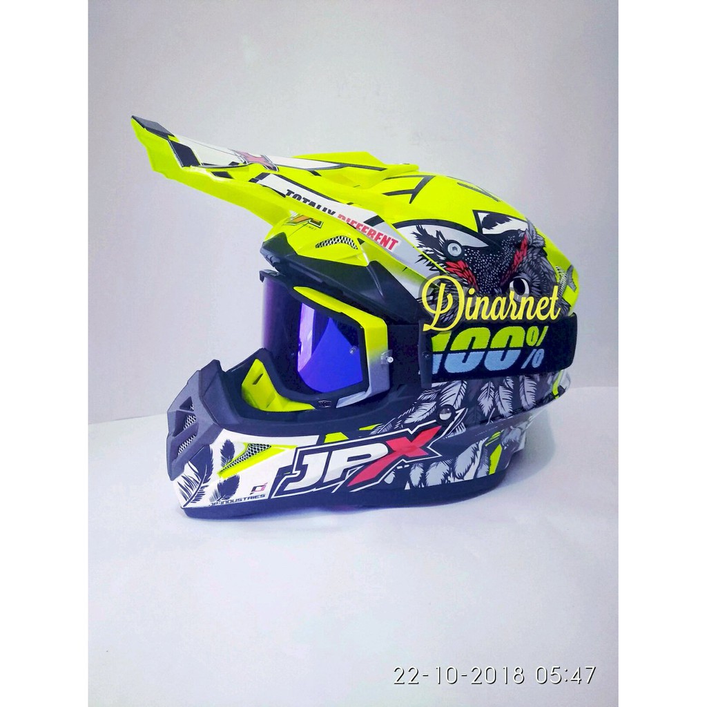 Helm Jpx Cross Full Face Trail Trabas X13 Owl Yellow Dengan Kacamata Goggle Biru