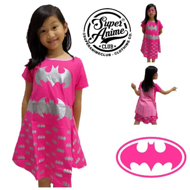 Dress Kostum Anak Cewek Bat Girl Pink Karakter Superhero Perempuan Topeng Sayap