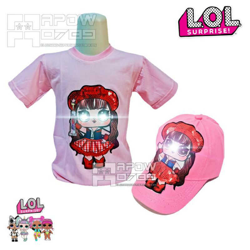 New arrival Paketan 3in1 Kaos LoL anak LED waisbag dan bucket hat t-shirt oblong anak perempuan