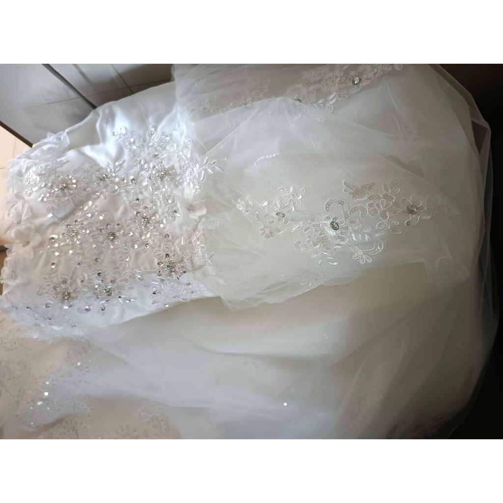 Putih Gaun pengantin lace Korean wedding dress Long tail Gaun pesta S-3XL