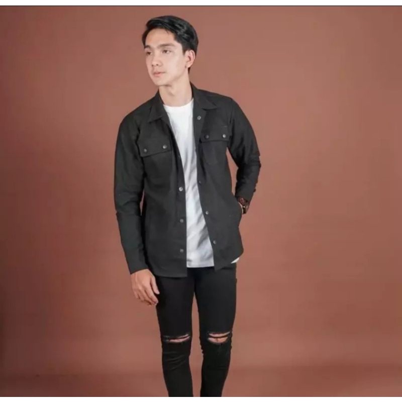 (BISA COD) Jaket Semi Parca Pria Canvas Trucker Kasual || Kemeja Almamater Pria