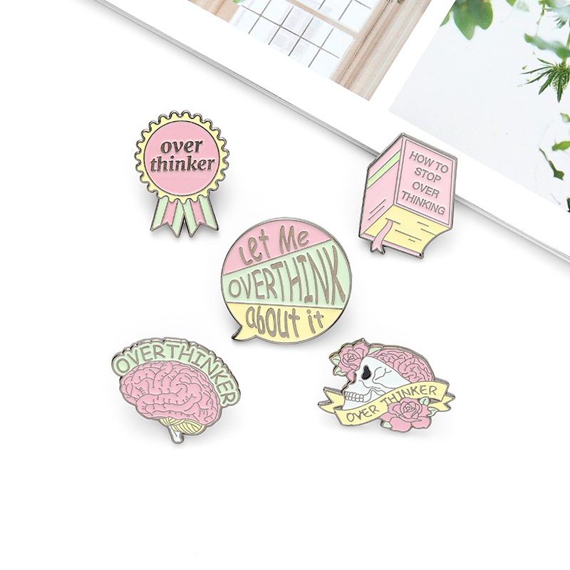 Bros Pin Enamel Desain Kartun Overthinker Brain Skull Book Untuk Hadiah Teman