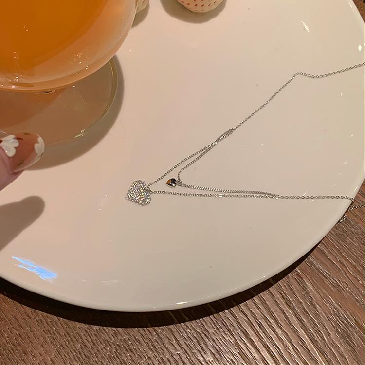 Kalung Model Double Layer Bentuk Hati Bahan Zircon Warna Silver Gaya Korea