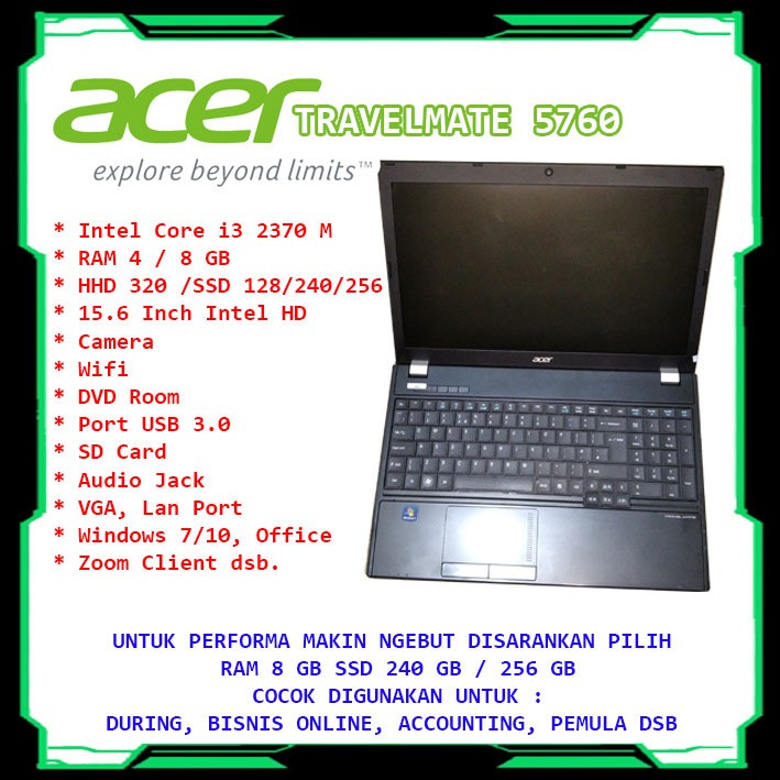 LAPTOP MURAH INTEL CORE i3 RAM 8GB SSD 256GB ACER TRAVELMETE 5760