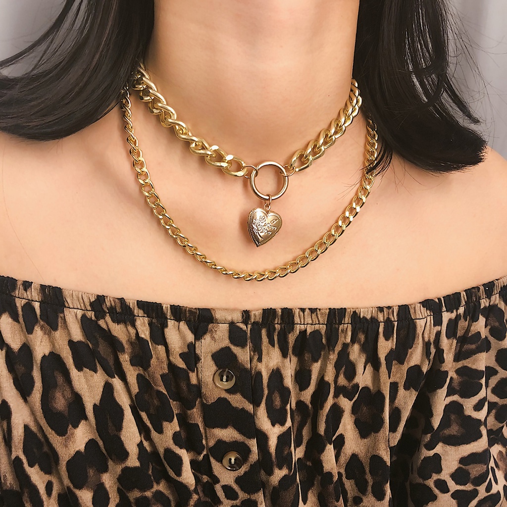 Hu Hu Hu Hu Hu Alat Bantu Pasang Kacamata♡ Kalung Choker Rantai Double Layer Bahan Alloy Dengan Liontin Hati Untuk Kencan