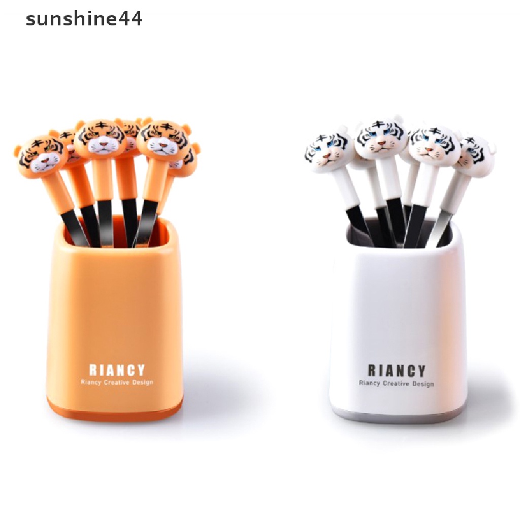 Sunshine 6Pcs / Set Garpu Buah / Dessert Desain Kartun Lucu Bahan Stainless Steel Dengan Holder