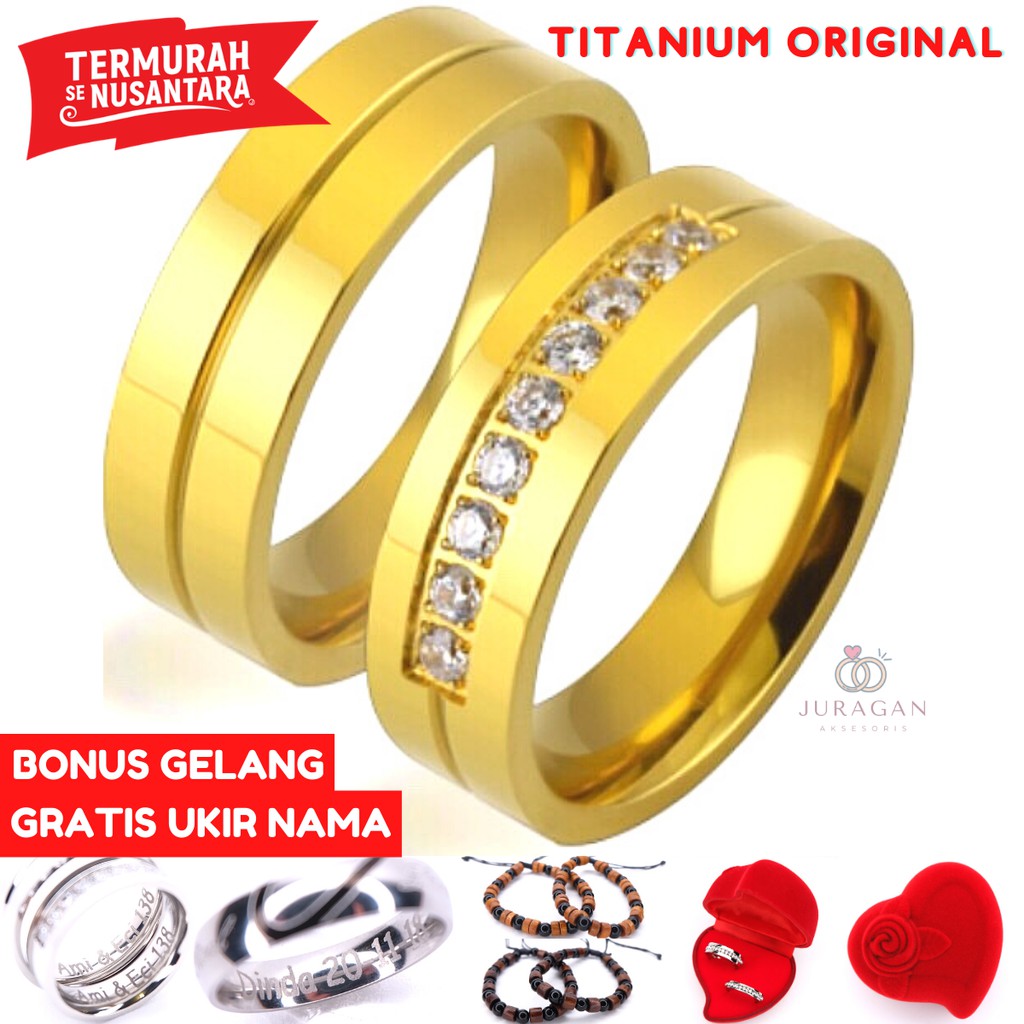 AILOVIU Cincin Couple UKIR NAMA R57 Gold Kawin Tunangan Nikah Anti Karat Titanium High Quality + BONUS Gelang Couple