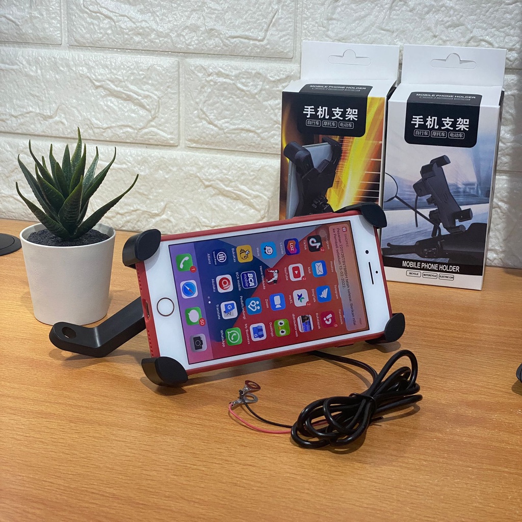 Phone stand holder + USB charger aki tatakan penahan penyangga hp di spion motor stand hanphone anti slip