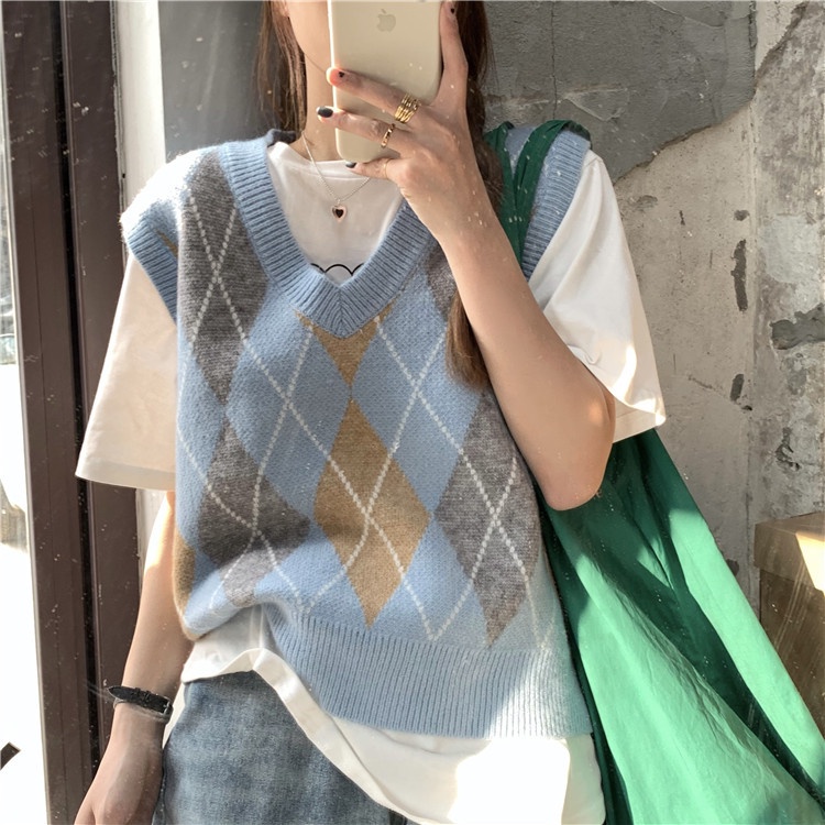Vest knitted Argyle spring Retro V-neck --- Ravin Vest