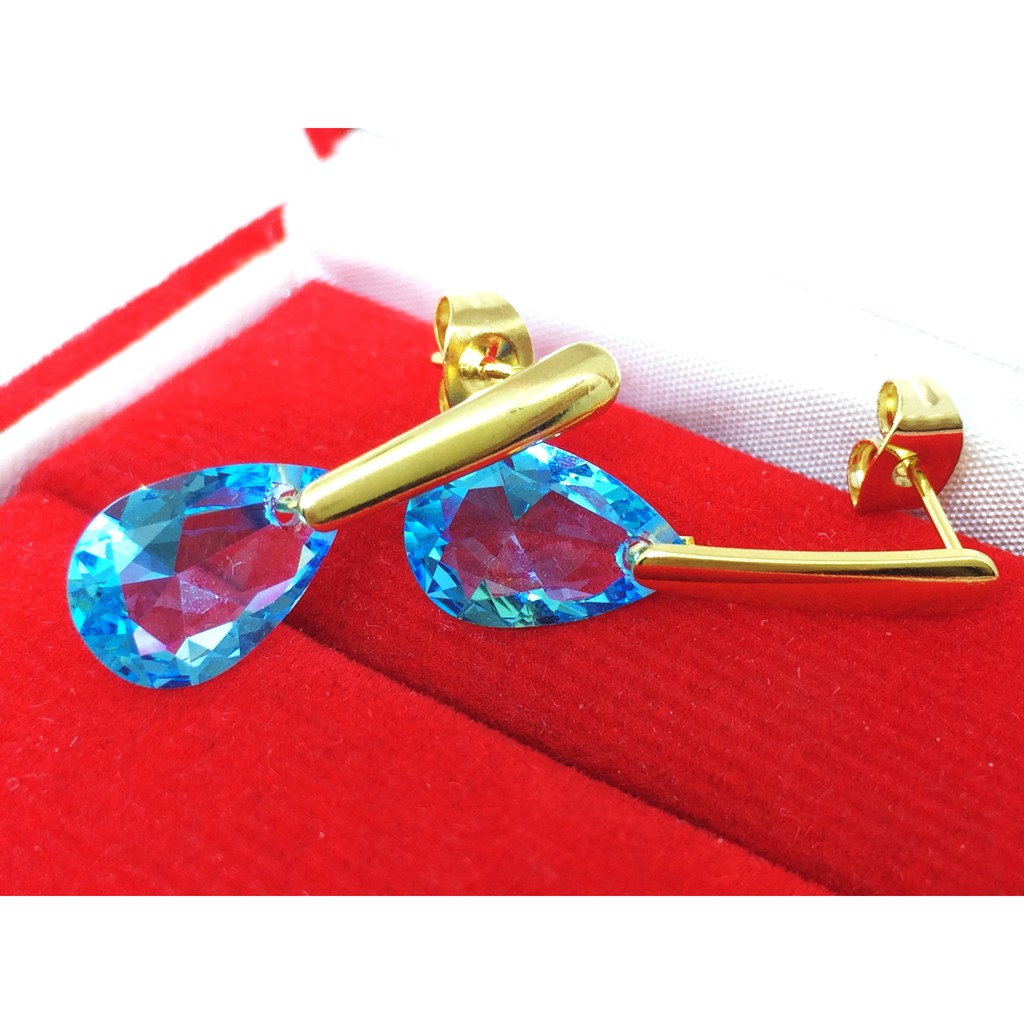 Anting Stainless Steel Lapis Emas 18k Gold Batu Biru Teardrop - BE124B