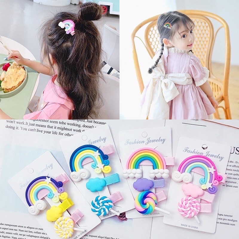 3pc Jepit Rambut Korea - Jepit Rambut Anak Rainbow Awan Lolipop Warna Warni - Jepitan Rambut Anak