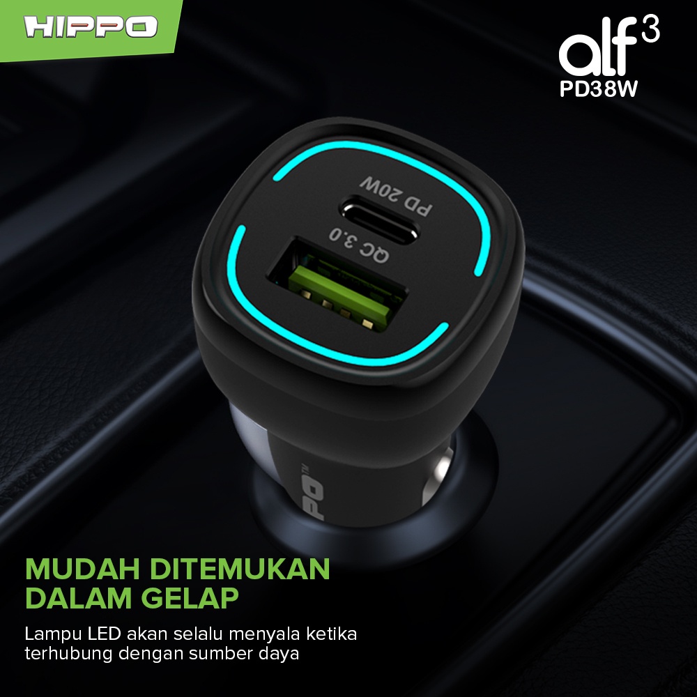 Hippo Car Charger ALF 3 PD 38W Power Delivery Fast Quick Charging 3.0 Casan Colokan Mobil Type C Android Iphone Micro Lightning QC Dual Port USB A USB C