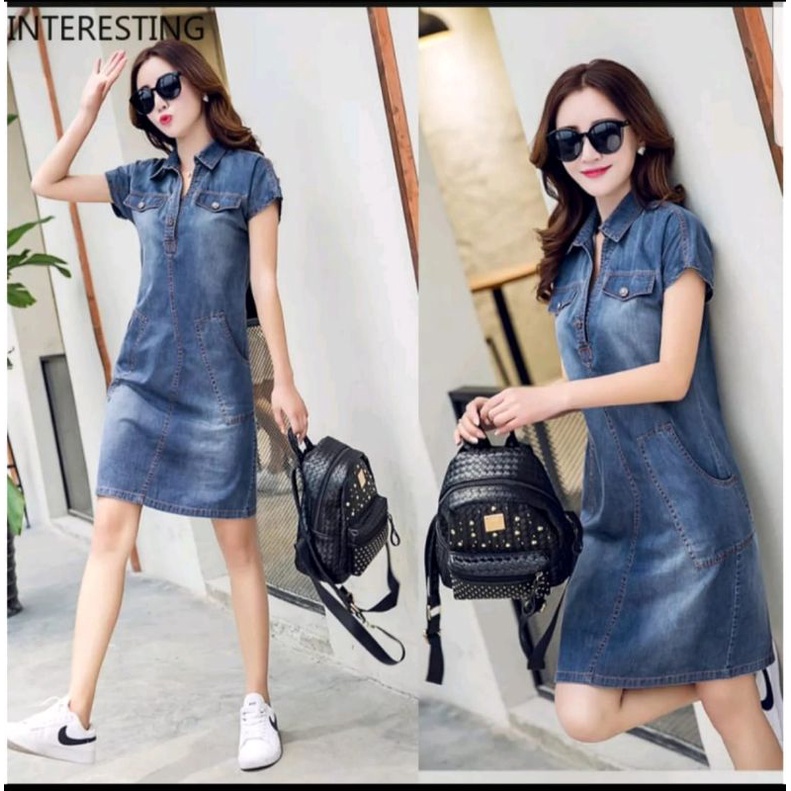 Dress Midi Jeans Wanita Terbaru | Dress Denim Wanita Kekinian