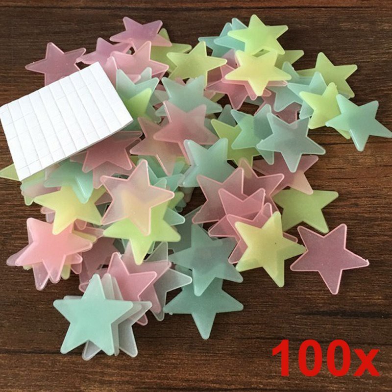 Stiker Hiasan Bintang 100 pcs / Nyala Saat Gelap 3D Lucu Unik Neon / Dinding Kamar Anak