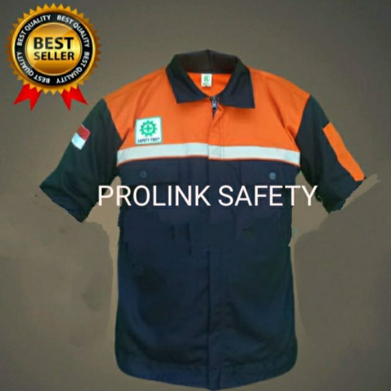 SERAGAM SAFETY DONGKER ORANYE LENGAN PENDEK RESLETING FREE LOGO K3 BENDERA