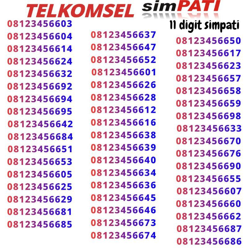 nomor cantik telkomsel simpati 11 digit 4G LTE urut naik  08123456 +6xx