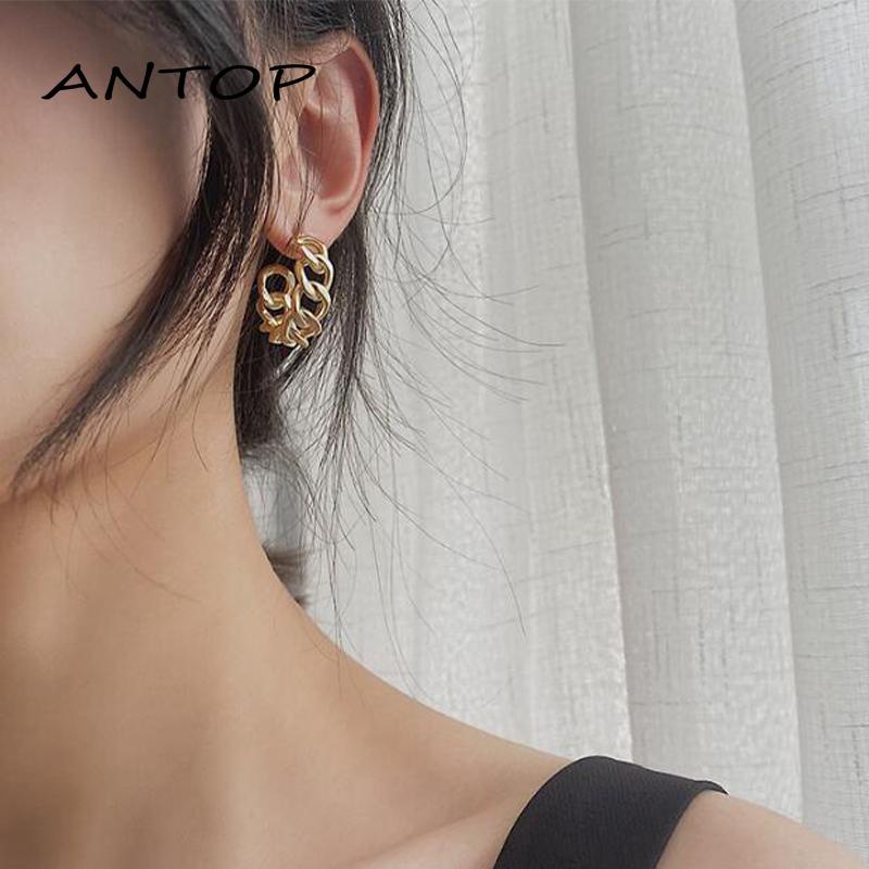 Anting Stud Rantai Model Hollow Bahan Metal Gaya Retro