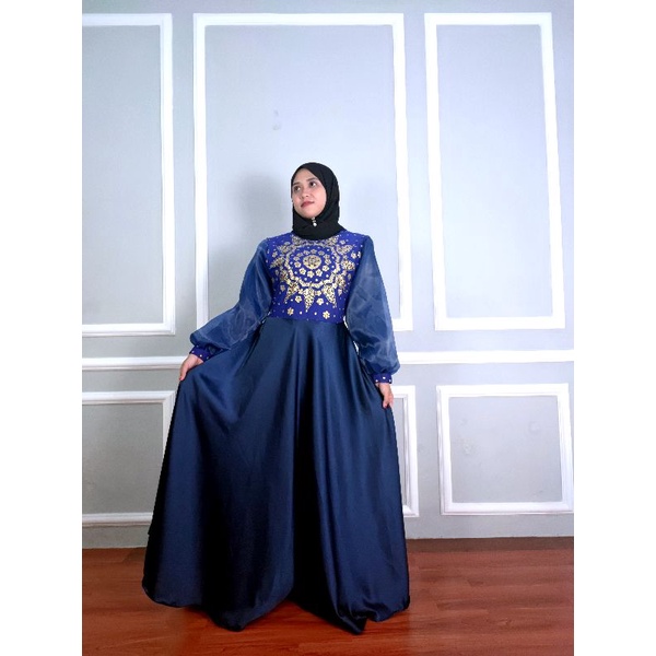 Saroja (490) Gamis Syar'i Maxmara Lux Super Ngeklok Lengan Balon Organza Motif Matahari  | SJ Fashion