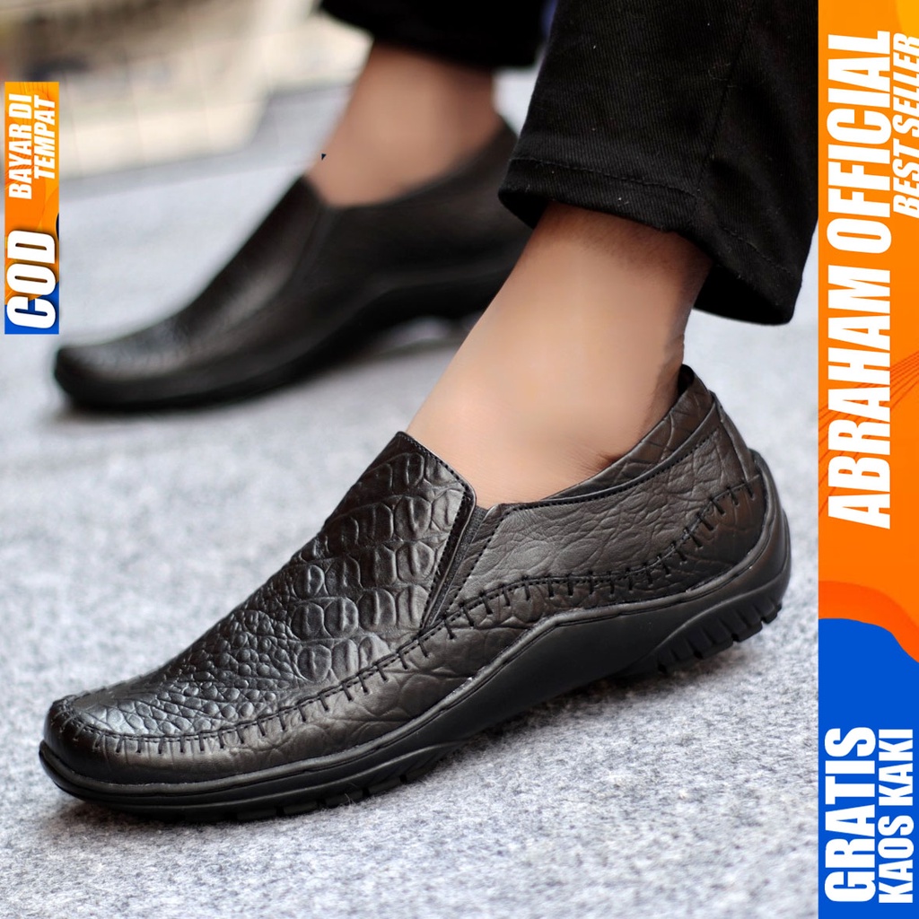 Sepatu Casual Pria Formal Slip On Pantofel Kulit Asli Kerja Kantor Kondangan Kuliah Hitam Fashion Shoes Terbaru Murah Kekinian Original CROCO ABRAHAM