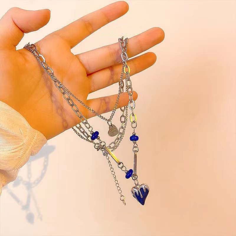 Kalung Klavikula Lapisan Ganda Dengan Liontin Hati Warna Biru