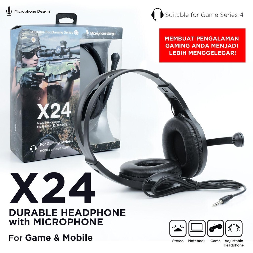 Handset Gaming X24 wired + mic Stereo Bass Hp Computer Laptop earphone Handsfree