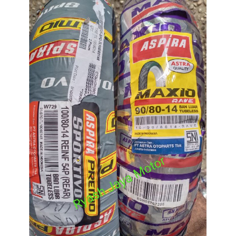 Paket Ban tubeless depan &amp; belakang Aspira Premio-Maxio Rave for 90/80-14 &amp; 100/80-14 for Vario 150