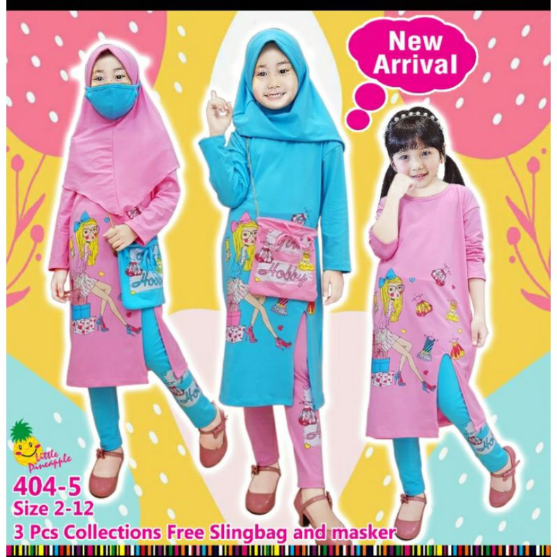 Set tunik hijab anak LP404-5 untuk anak perempuan setara 3-9 tahun