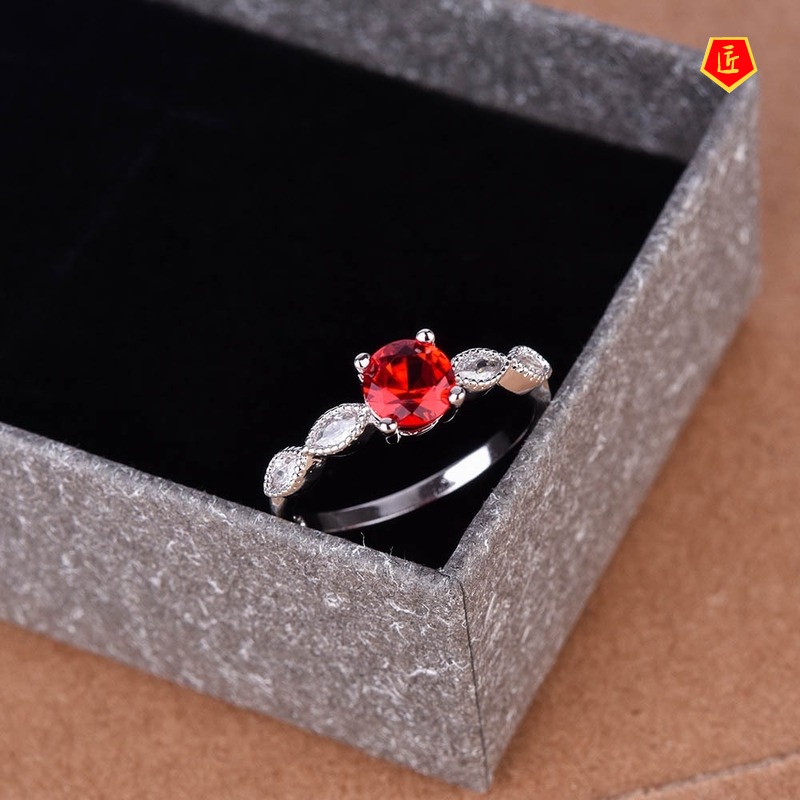 [Ready Stock]Inlaid Blue round Diamond Ring Luxury Red Colored Gems