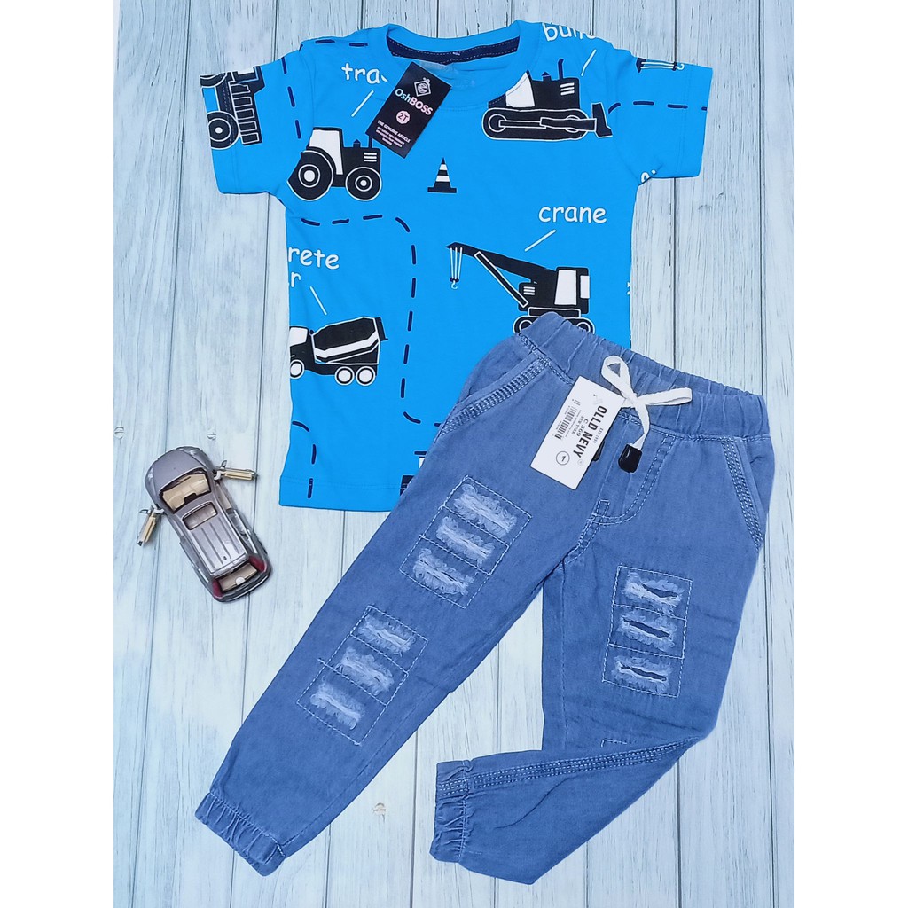 COD BAJU STELAN ANAK LAKI LAKI KAOS ABADI DAN CELANA JEAN RIPPED USIA 1-10 TAHUN OSHBOSS BAGIAN 2-CRANE BIRU