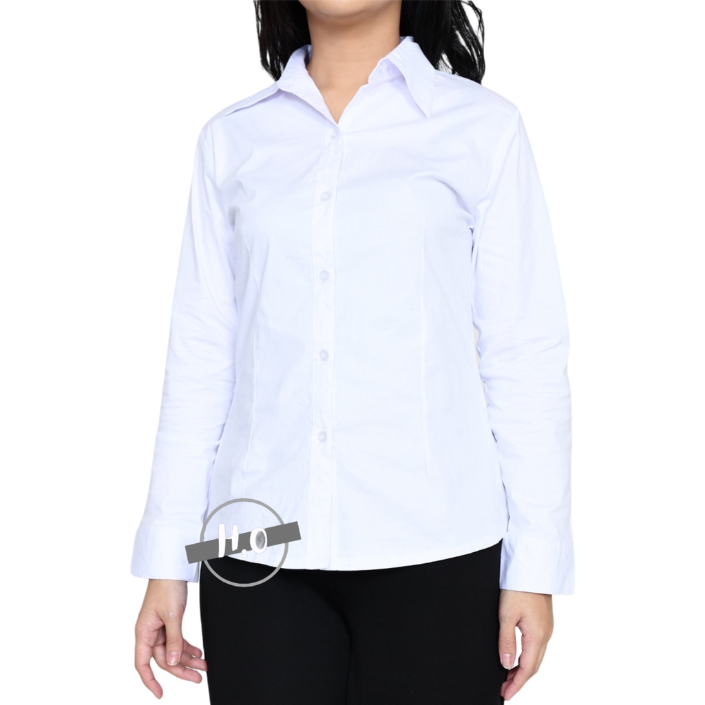 Baju Kemeja Wanita Lengan Panjang Pendek Bahan Katun Strech Size Standar Dan Jumbo Atasan Baju Kemeja Blouse Putih Hitam Polos Kerja Kantor formal Wanita Lengan Panjang Pendek 02-4