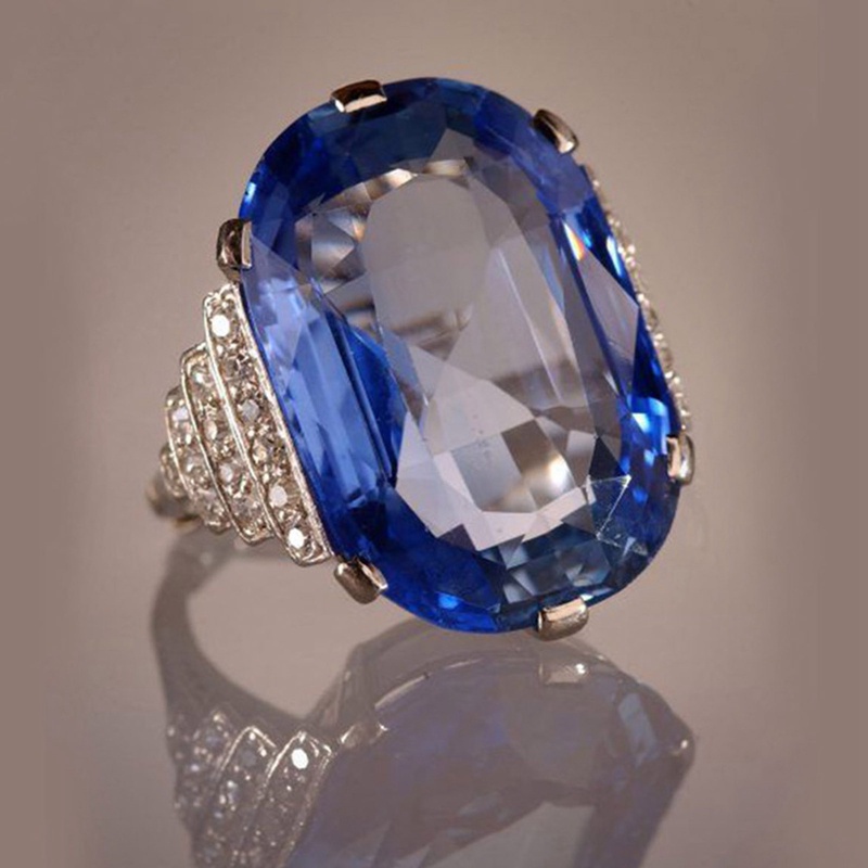 Cincin Wanita Bentuk Oval Hias Cubic Zirconia Biru Gaya Vintage Retro Untuk Pesta Ulang Tahun