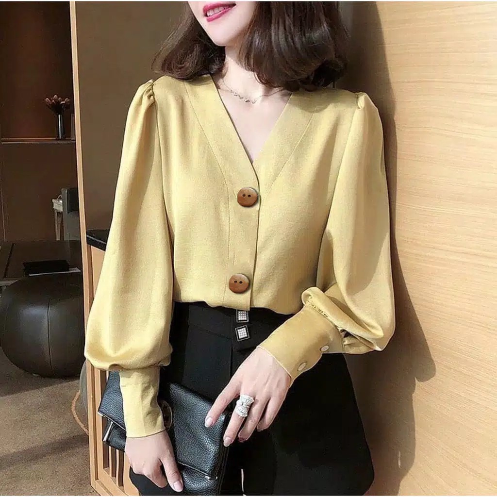 OWLY - BAJU ATASAN BLOUSE WANITA KOREA IMPORT LENGAN PANJANG TERBARU-LIME