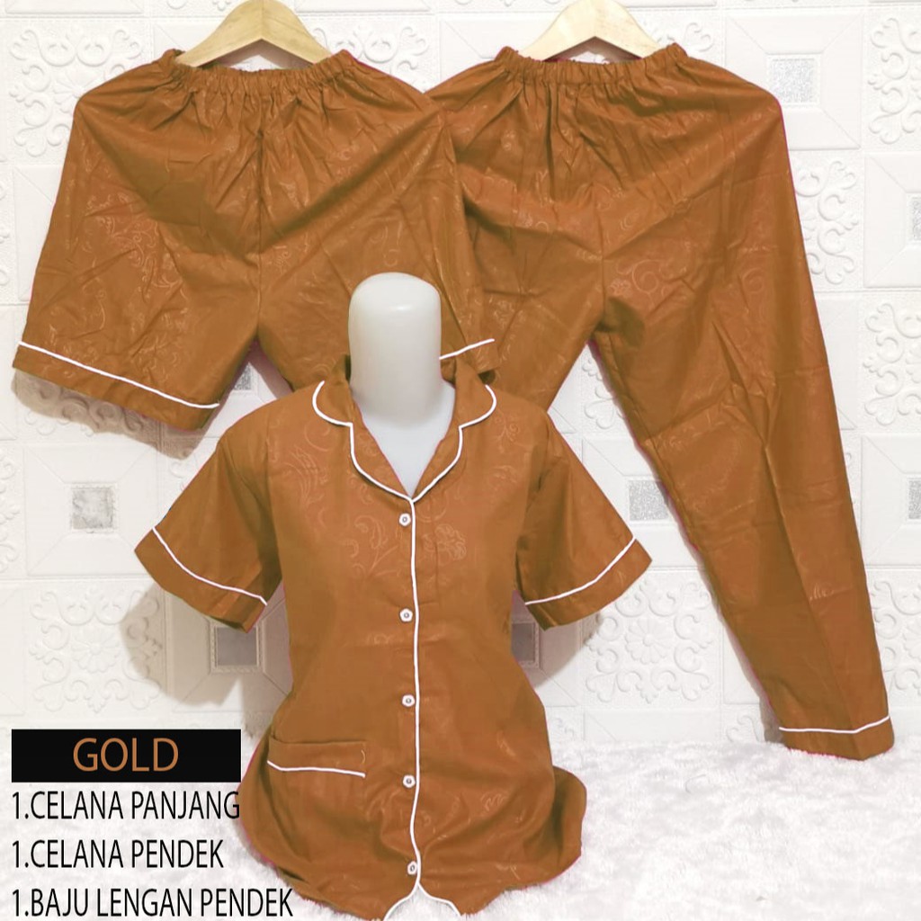 ISANNY PIYAMA SET 3IN1 SIZE XXL/SATIN EMBOSS 3IN1 JUMBO/BAJU TIDUR DEWASA/READY STOCK-GOLD TUA