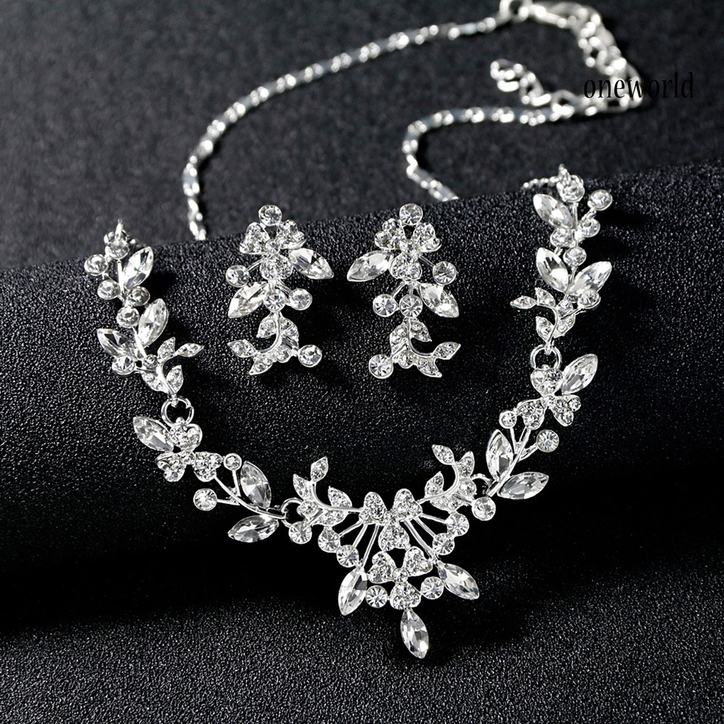 OW@ Women Wedding Party Rhinestone Shiny Floral Necklace Earrings Jewelry Set Gift