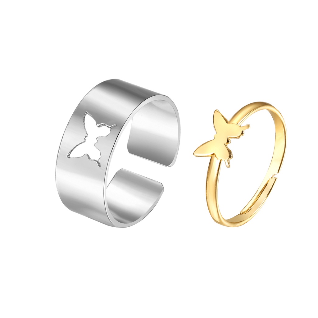 2pcs / Set Cincin Model Terbuka Desain Kupu-Kupu Hollow Untuk Pasangan