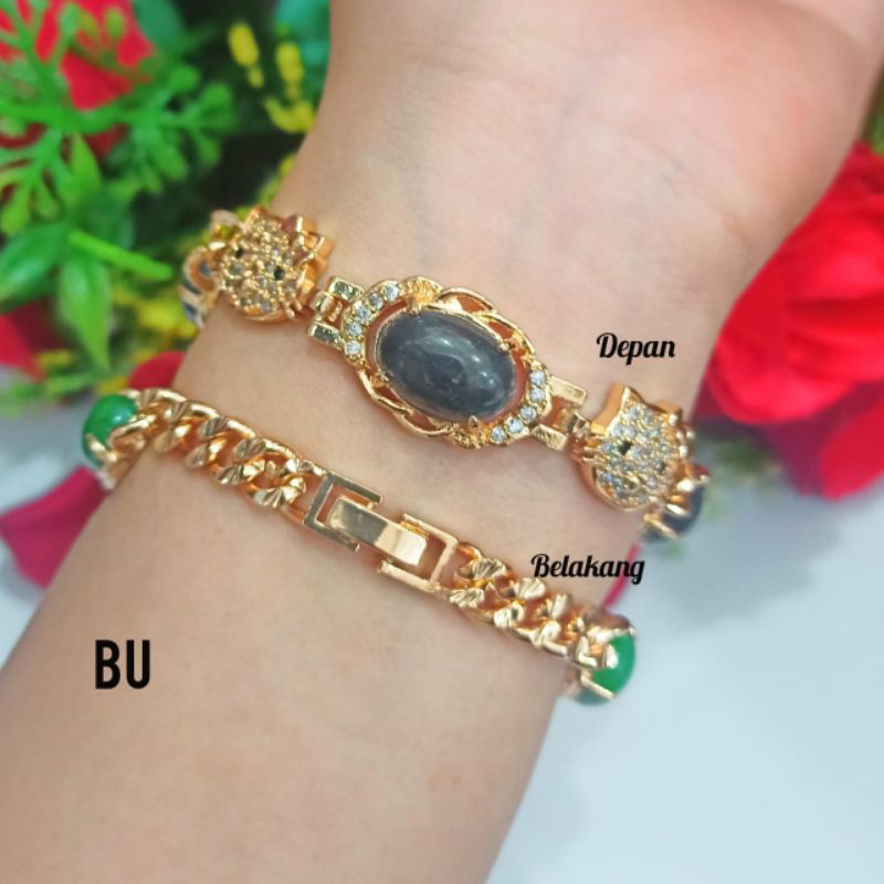 NEW!!! TERBARU GELANG TANGAN WANITA TITANIUM MOTIF HK DAN BATU GIOK ANTI ALERGI LAPIS EMAS GOLD