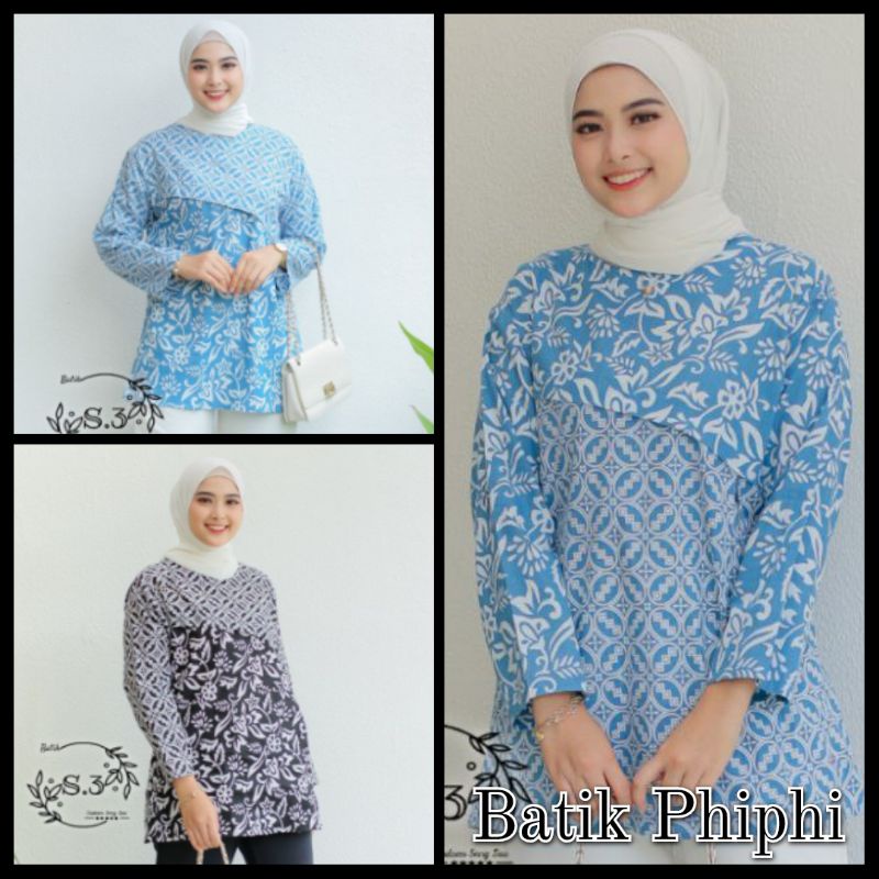 Atasan Batik Wanita Modern / Blouse Batik Kombinasi Mosscrepe Size M, L, XL ( ORIGINAL )