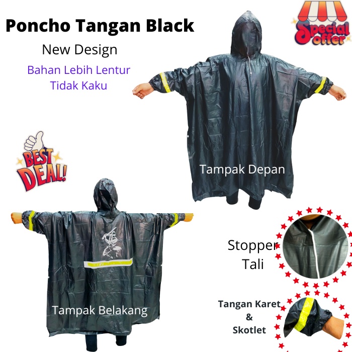 Jas Hujan Model Poncho Lengan Panjang Hitam Black Tebal Scotlight Ukuran Besar - Mantel Hujan Kalong Kelelawar Ponco Tangan Panjang