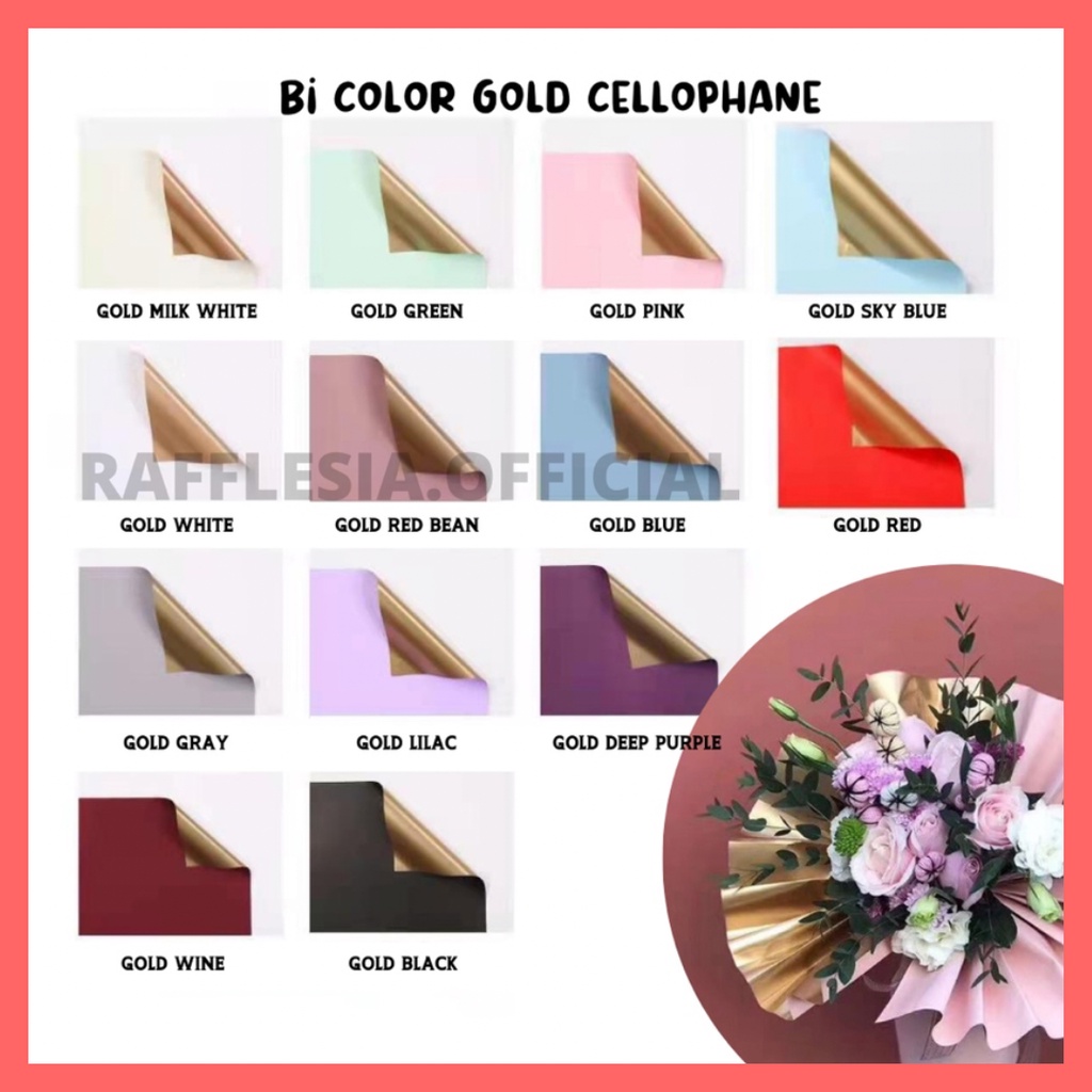 

[5 LEMBAR] Flower Wrapping Paper Bi Color Gold Emas Cellophane Kertas Bunga Korea
